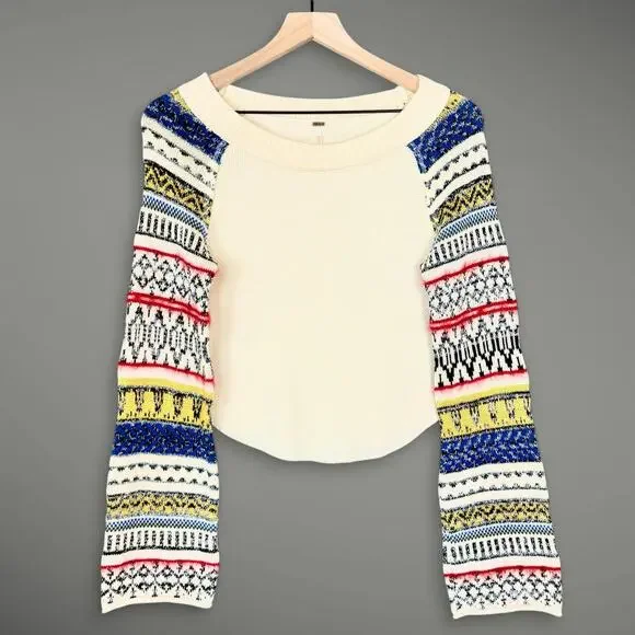 Free People Fairground Thermal Folk Boho Cream Long Bell Statement Sleeve Top XS - Picture 2 of 10